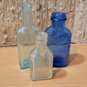 3 Antique Apothecary Medicine Collection of Clear, Green & Blue Glass Bottles